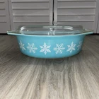 Vintage MCM Pyrex 045 Turquoise Snowflake Oval Casserole Dish with Lid 2 1/2 qt
