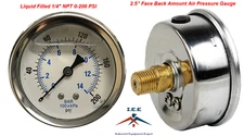 Liquid Filled 2.5" Face 0-200 PSI Air Pressure Gauge Back Mount 1/4" NPT