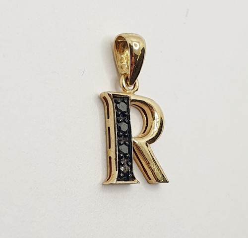 Small 9ct Yellow Gold Letter " R " Black Diamond Charm / Pendant - Picture 2 of 7