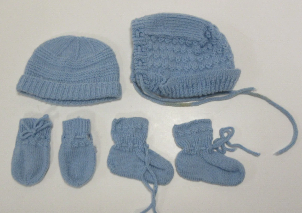 Hand Knit - Baby Set of Mitten,socks, hat and bonnet (Light Blue)