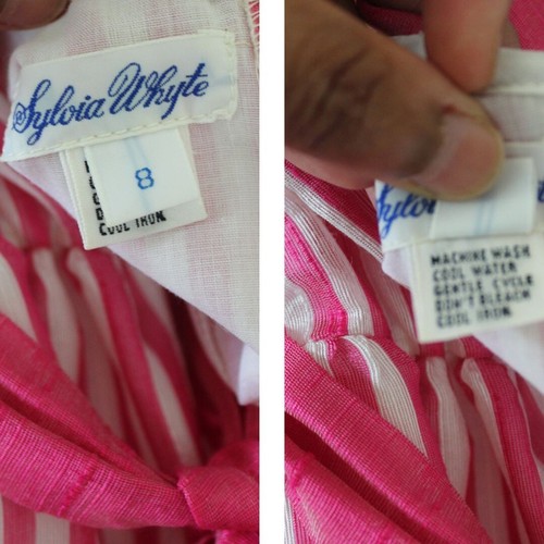 Vintage Sylvia Whyte Pink Stripe Dress Puff Sleeve Bow Tie Sz 8 - Picture 5 of 12