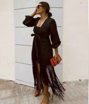 Zara Nwt Woman Fringed Linen Midi Dress Limited Edition Black 7491/908 Size  S | eBay