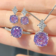 3pc Set High Carbon Rose Cut Amethyst Gems Luxury Women Silver Necklace Earrings
