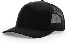 112 Solid Black Richardson Trucker Ball Cap Mesh Hat Adjustable