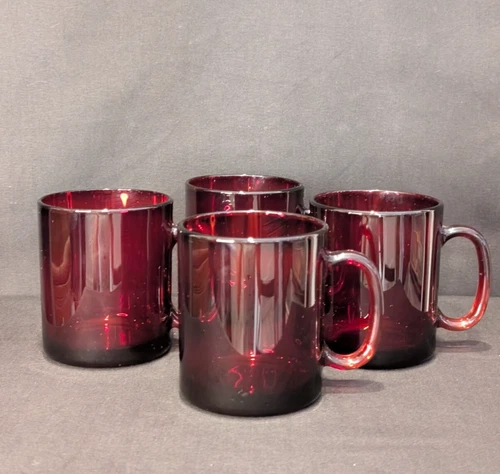 Vintage French Ruby Red Glass Mugs – Set of 4, Marked France, Mid-Century