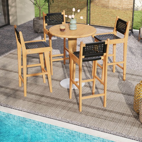 4PCS 30" Teak Wood Bar Chair w/ Backrest & Footrest Bar Height Chair for Deck - Picture 4 of 7