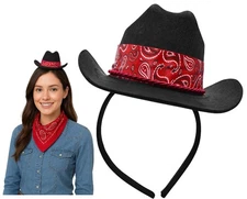 Mini Black Cowboy Hat Headband Red Paisley Bandana Trim Unisex Costume Accessory