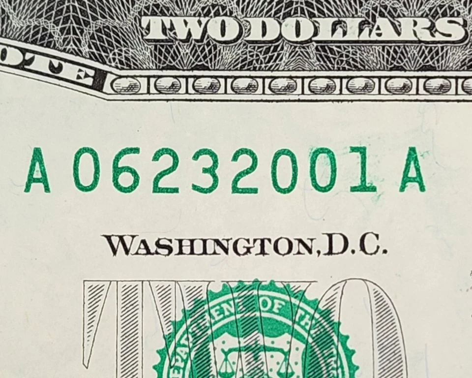 JUNE 23 2001 UNC $2 DOLLAR BILL ~06232001~ FANCY SERIAL # BIRTHDAY ANNIV NOTE - Image 2 of 3