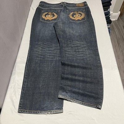 Ecko Unltd Jeans Mens 40x32 Blue Medium Wash Relaxed Wide Leg Skull Denim