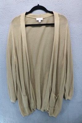 Belle by Kim Gravel Open Knit Gold Metallic Long Open Front Cardigan-2X-Pockets