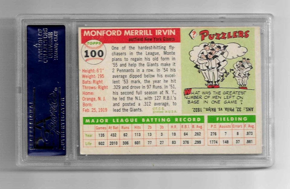 1955 TOPPS BASEBALL CARD #100 HOF MONTE IRVIN PSA 8 OC MLB NEW YORK GIANTS - Image 4 of 4