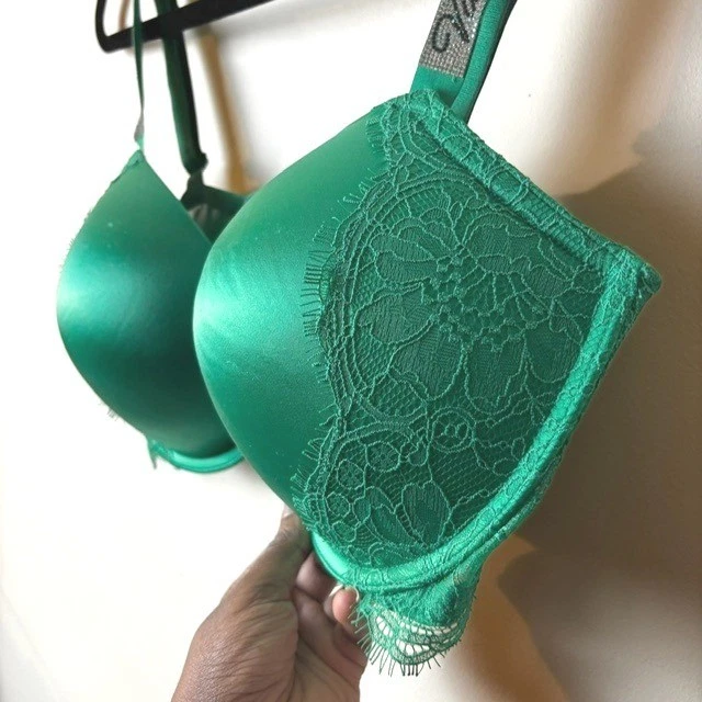 Sujetador push up Victoria's Secret 36DDD correas de estrás de encaje verde Foto 2 de 4