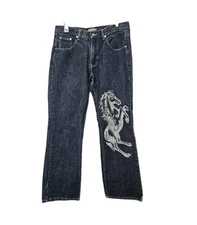 VTG Crest Bootcut Mid-Rise Jeans Junior 15/16 (32x29) Blue Silver Metallic Horse