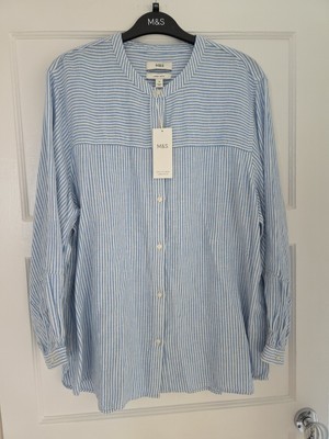 Blau & weiß gestreiftes reichhaltiges Leinenhemd für Damen von M&S Größe 18 neu mit Etikett