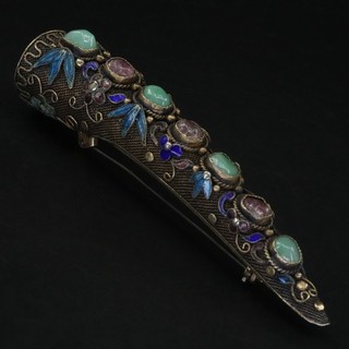 VTG Sterling Silver CHINESE EXPORT Turquoise Fingernail Guard Brooch Pin 16g