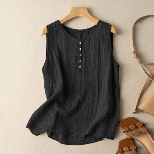 Summer Tank Vest Shirt Cotton Linen Sleeveless O-Neck Tops Blouse Tee Ladies - Photo 3/18