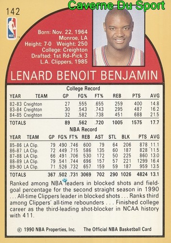 142 BENOIT BENJAMIN LOS ANGELES CLIPPERS CARD KARTE BASKETBALL NBA HOOPS 1990 - Bild 2 von 2