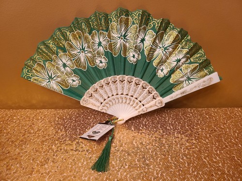 NEW - Foldable Hand Fan (Green, White & Gold)