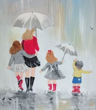 Modernist Painting of Family in the Rain Children and Mother signed  Special