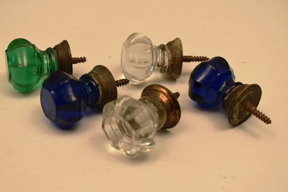 Antique Glass Door Knobs Octagonal Shape Blue Green Clear Glass Lot Decorative 5 - Image 4 of 4