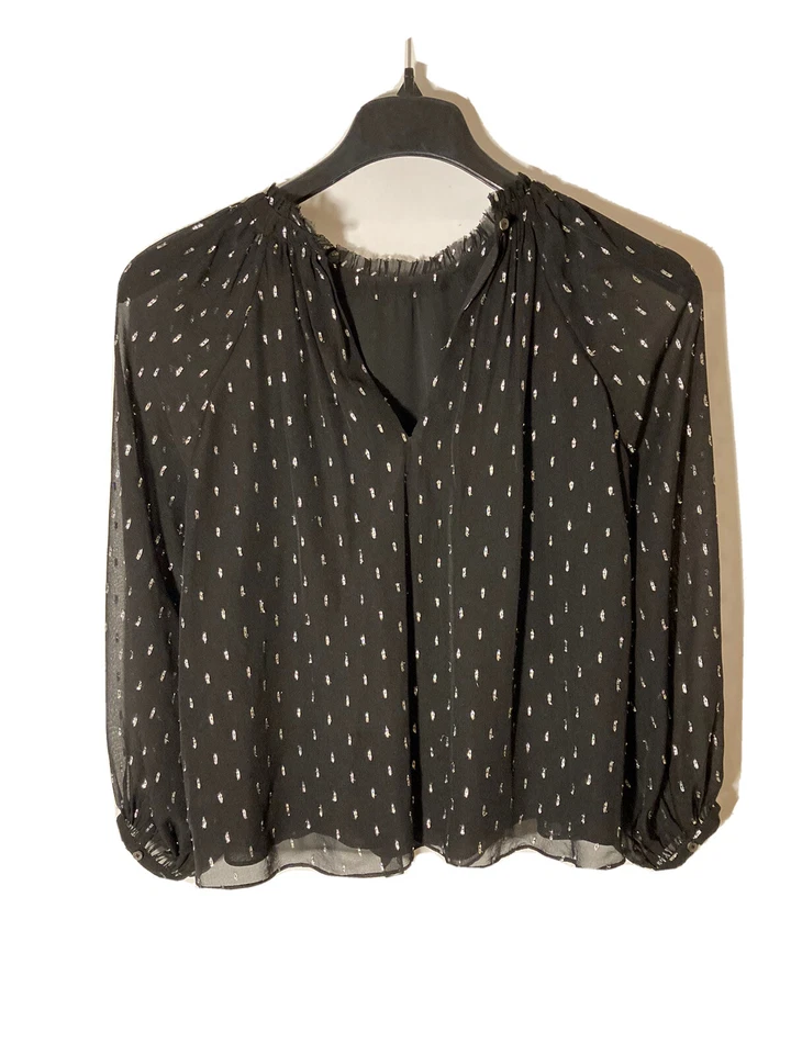 Blusa de seda Joie XS Baylee B para mujer - caviar negro - detalles plateados - forro transparente Foto 3 de 4