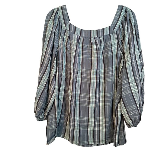 Lauren Conrad Sz L Plaid Square Neck Blouse Long Sleeve Lightweight Blouse - Picture 9 of 12