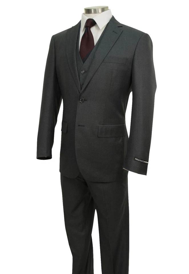 Men's Charcoal Gray Textured 3pc 2 Button Slim-Fit Suit w/ Matching Vest NEW  - Image 4 of 4