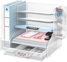 SUPEASY Mesh Desk Organizer with File Holder, 5-Tier Paper Letter Tray WHITE