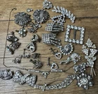 Vintage Lot Costume Jewelry Clear Rhinestones Earrings Necklace Pins Dress Sash