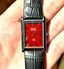 Vintage Seiko Slim Tank Quartz Red Dial Black Leather Strap