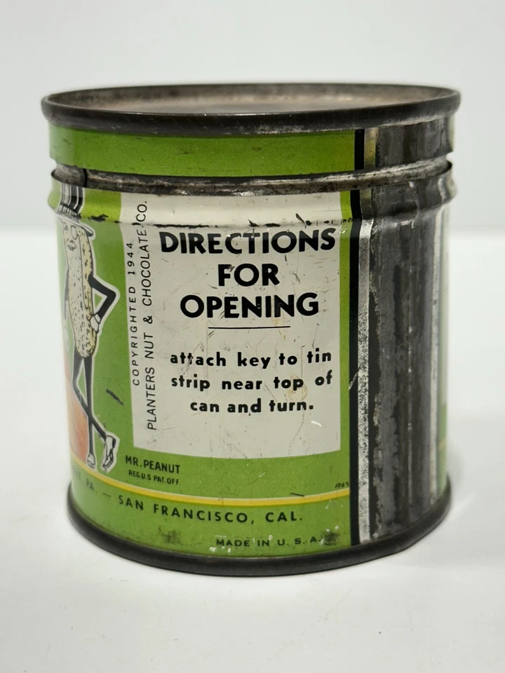 Vtg 1944 Planters Original Mr Peanut Salted Almonds Tin Can empty collectible - Image 3 of 4