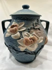 Roseville 2 Handled Decorative Vase Shades Of Blue & Cream Magnolia Flowers 10”