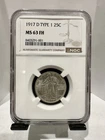 1917 D Type 1 Standing Liberty Quarter NGC MS63 FH. Fresh Holder