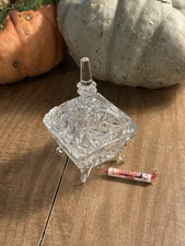 Vintage Pressed Glass Square Covered Candy Dish Trinket Box 4 Scrolled Feet Star