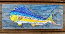 Original Acrylic Painting of Mahi Mahi by Maine Artist Reclaimed Wood Driftwood