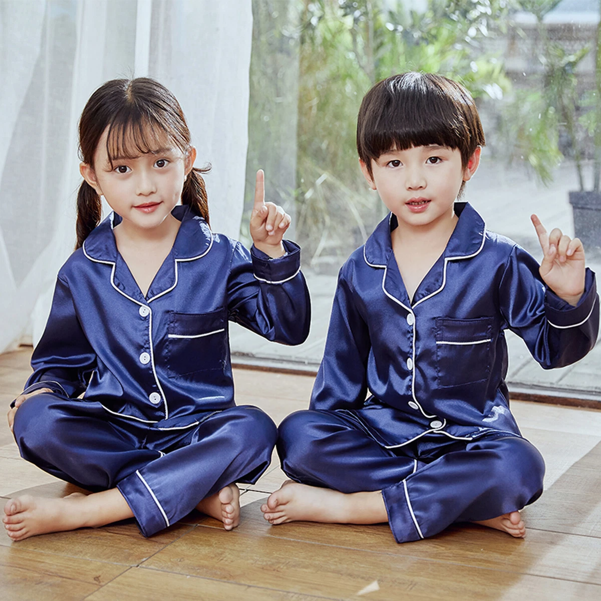 UK Boys Girls Silk Pyjamas Nightwear Top Pants Pjs Satin Sleepwear Outfits Kids