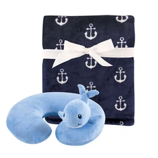 Hudson Baby Infant Boy Neck Pillow and Plush Blanket Set, Whale, One Size