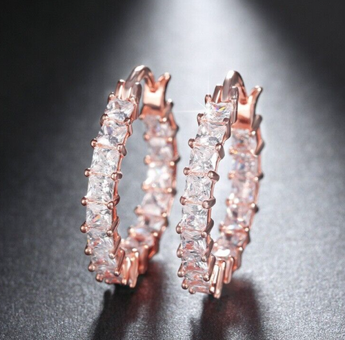 Rose Gold Plated Hoop Earring's 4.5 CT Simulated Diamond Valentine Gifts Earing - Picture 2 of 5