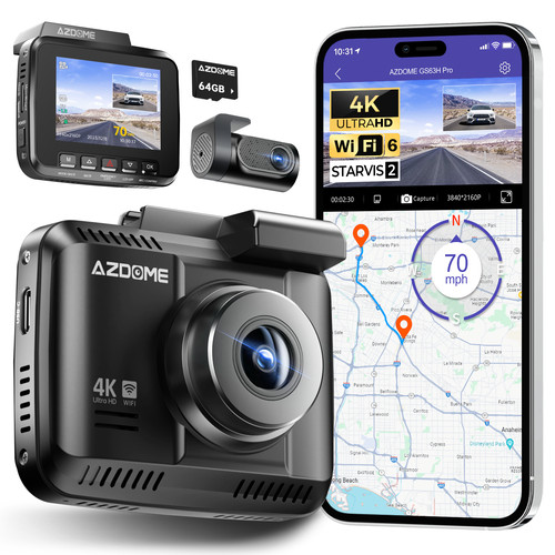 AZDOME 4K WiFi GPS ADAS Dashcam vorne hinten 4K+1080P Dual Autokamera gratis 64GB TF - Bild 2 von 10