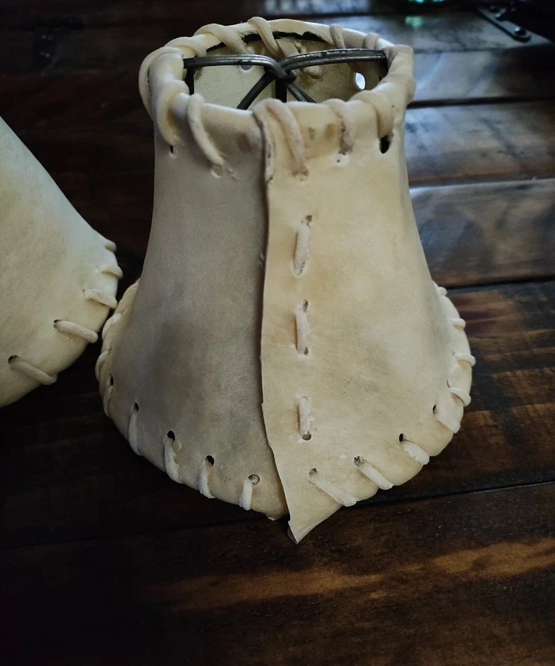 Vintage Rustic Rawhide Leather Stitch Sconce Chandelier Lamp Clip Shades Mexico - Image 3 of 4