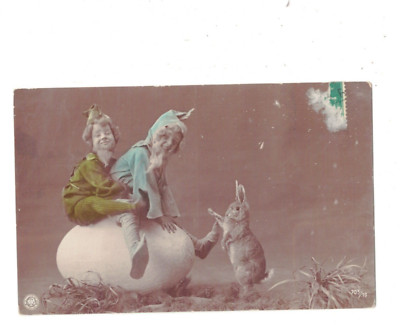 SD3647 PHOTO FANTASY KIDS DRESSED AS GNOME SITTING ON A EASTER EGG , HARE NPG