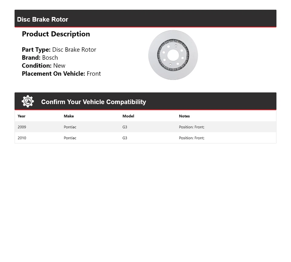 For 2009-2010 Pontiac G3 Bosch QuietCast Disc Brake Rotor Front - Изображение 2 из 4
