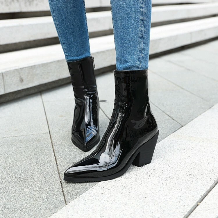 Women's Patent Leather Ankle Boots Chunky Heels Pointed Toe Party Shoes  Side Zip