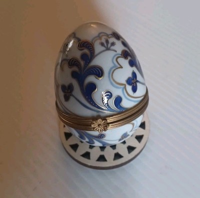 Egg Shaped PORCELAIN TRINKET BOX  Vintage Blue & Gold