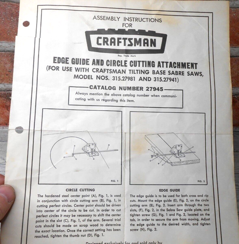 Craftsman Edge Guide and Circle Attachment Assembly Instructions 27945 ...