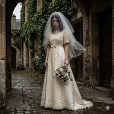Vintage 1960s Ivory Guipure Lace Wedding Gown Cathedral Train Veil Gothic Bride