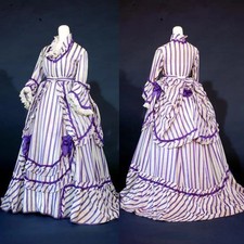 1860s Victorian Dress Women Classic Purple Stripe Dress Adult Victorian Dress