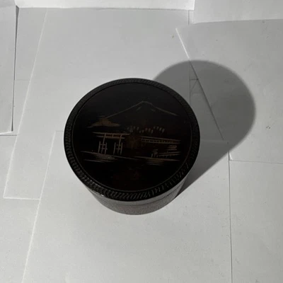 VTG Japanese Dark Brown Wood Etched Trinket Box Lidded Carved Scenic Landscape - Image 1 of 4