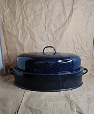 Savory Vnt Blue Speckled Enamel Oval Roasting Pan  Double Wall With Lid &...