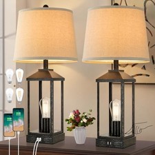 BRIGHTEVER 28" FARMHOUSE TABLE LAMPS SET OF 2 BEDSIDE LAMP USB 3-WAY - BLACK